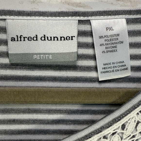Alfred Dunner Grey and White Striped Blouse with Lace V-neck 3/4 Length Sleeves - Picture 2 of 4